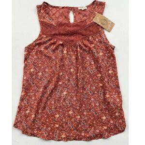 Mason &‎ Belle Floral Tank Top Lace Trim Sleeveless Blouse Rust Red Small